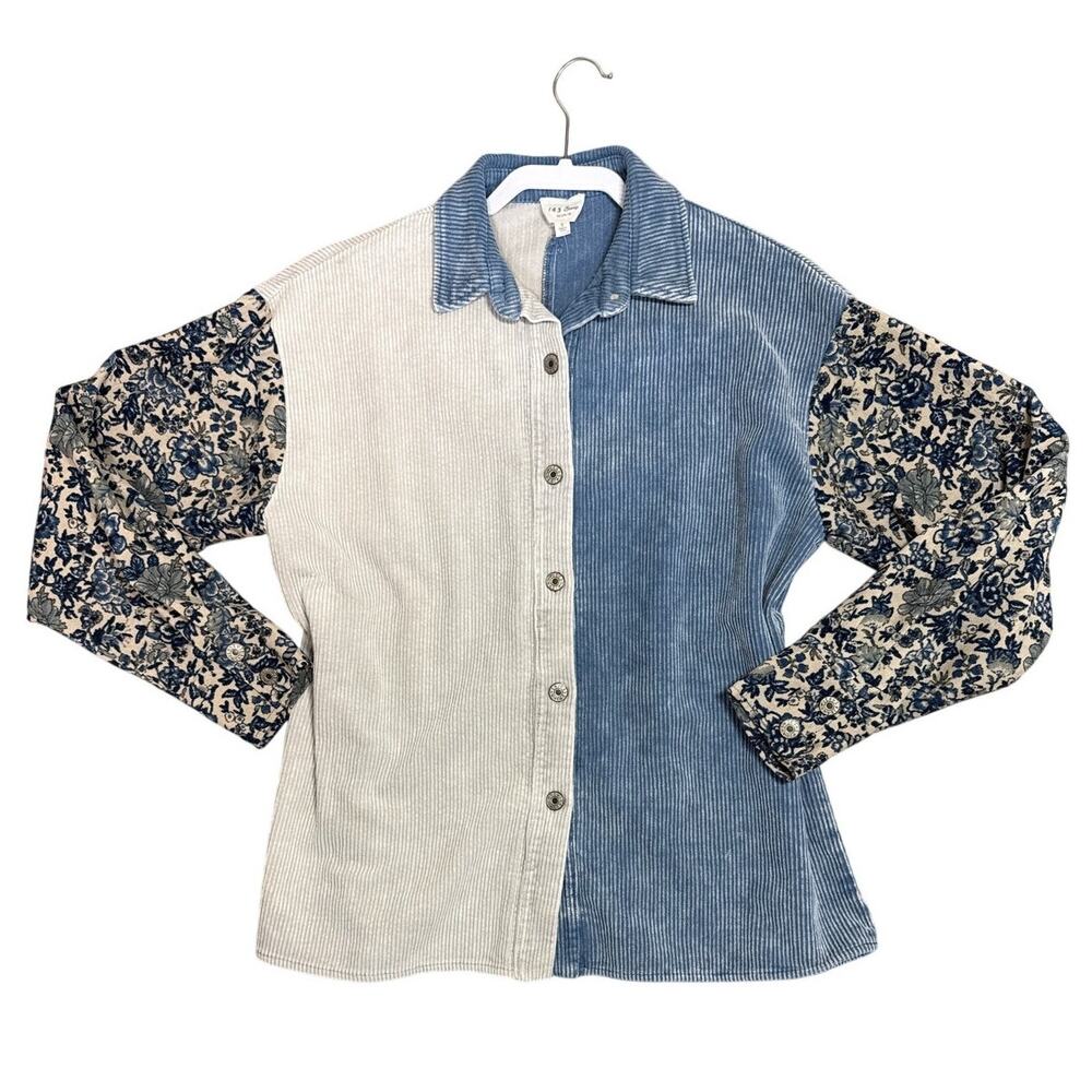 143 Story Oversized Blue and Gray Corduroy Mixed Print Shacket Shirt